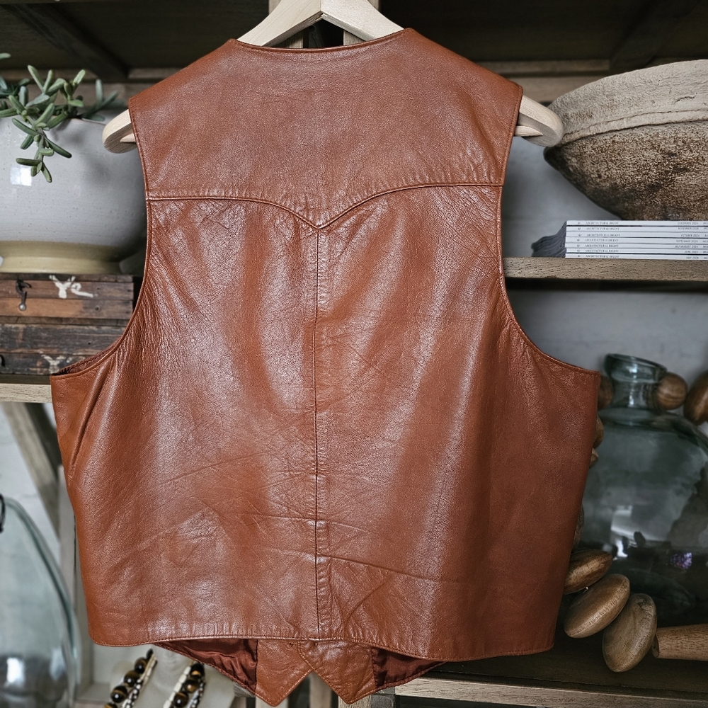 Vintage 70's H Bar C California Ranchwear Brown Glossy Western Leather Vest - Picture 4 of 10